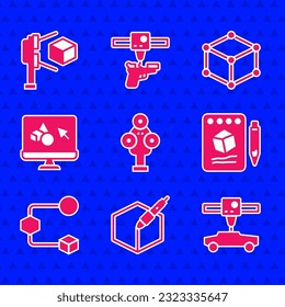 Ajuste el escáner 3D, la herramienta de lápiz 3d, el coche de impresora, el esbozo en papel, el cubo isométrico, el software y con un icono. Vector