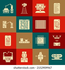 Set 3d scanning system, Remote aerial drone, Algorithm, Robot, Global technology social network, Industrial machine robotic robot arm hand,  and Printed circuit board PCB icon. Vector