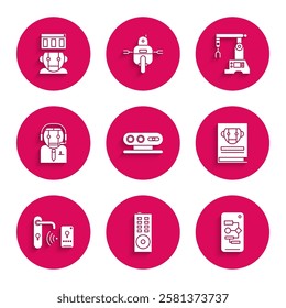 Set 3d scanning system, Remote control, Algorithm, User manual, Digital door lock with wireless technology for unlock, Worker robot, Assembly line and Robot icon. Vector