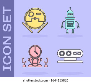 Set 3d scanning system, Robot vacuum cleaner, Robot and digital time manager and Robot icon. Vector