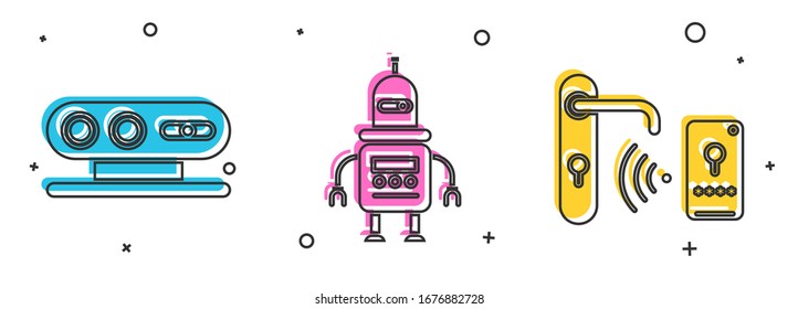 Set 3d scanning system, Robot and Digital door lock with wireless technology for unlock icon. Vector