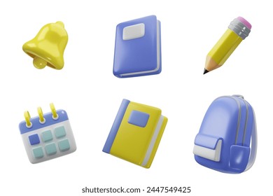 Set of 3D school icons, accessories for learning. Backpack, calendar, pencil, book, workbook, bell. Vector illustration on white background. Signs of education, development. Cute plasticine style