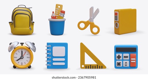 Set of 3D school objects, front view. Colored student icons in cartoon style. Backpack, pencil cup, scissors, binder folder, alarm clock, notebook, set square, calculator. Isolated images