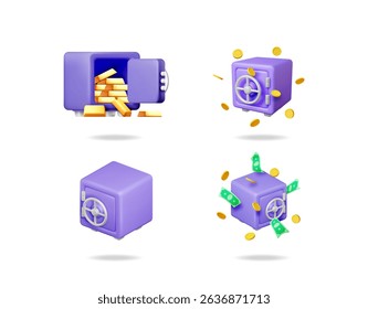 Set of 3d secure safe boxes with money, coins, and gold bars illustrating financial safety and wealth. Investment and banking concept.