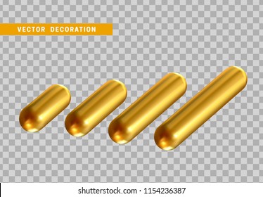 Set 3d shape isolated golden capsule on transparent background.