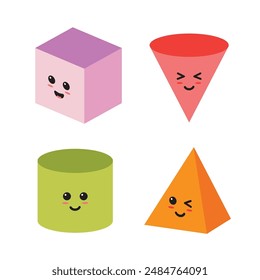 Set of 3D shapes with adorable expressions for children's school lessons. Colorful geometric collection: cube, pyramid, cone, tube with cute smiling cartoon characters. Math education, basic geometry.