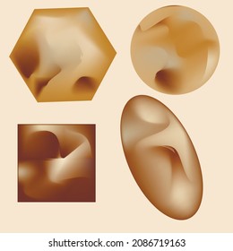 A set of 3D shapes and backgrounds. In the form of a circle, an oval, a triangle and a polygon. Smoothly flowing colors. Volumetric textures.