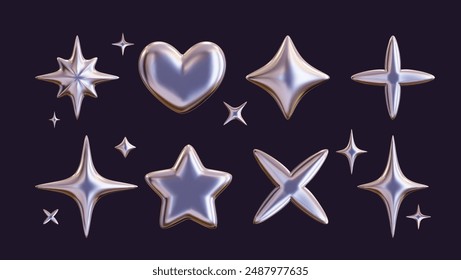 Set of 3D shapes in chrome, including a silver liquid star and a glossy heart sticker in a futuristic metal style. 3D chrome art at its finest.