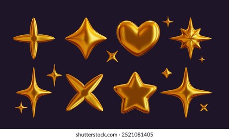 Set of 3D shapes in chrome, including a golden liquid star and a glossy heart sticker in a futuristic metal style. 3D chrome art at its finest.