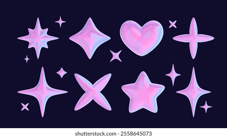 Set of 3D shapes in chrome, including a pink liquid star and a glossy heart sticker in a futuristic metal style. 3D chrome art at its finest.