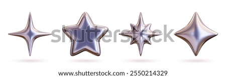 Set of 3D shapes in chrome, including a silver liquid star sticker in a futuristic metal style. 3D chrome art at its finest.