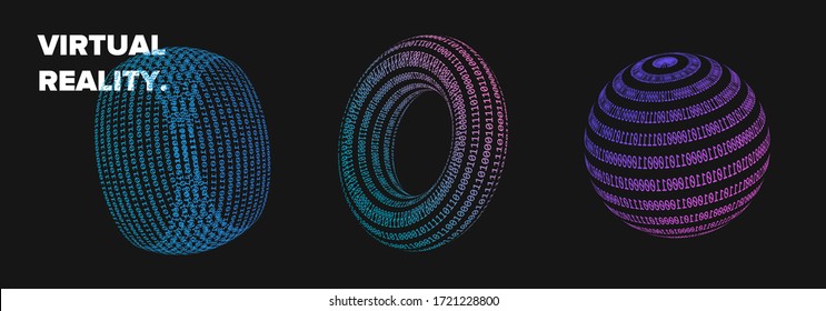 Set of 3d shapes made of binary code or from square wireframe. Concept of virtual reality VR, artificial intelligence AI and Big Data. Collection of vector elements for logotype, poster, cover design.