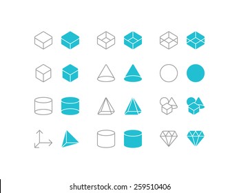 Set 3D shapes   objects icons in flat   line style