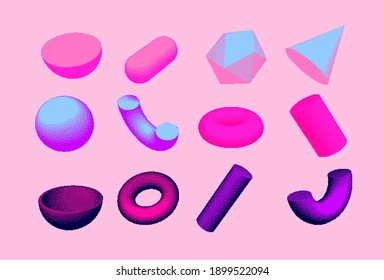 Set of 3D shapes: sphere, hemisphere, torus, cone, cylinder and icosahedron. Vaporwave and retrowave pixel art style illustration in punchy pastel colors.