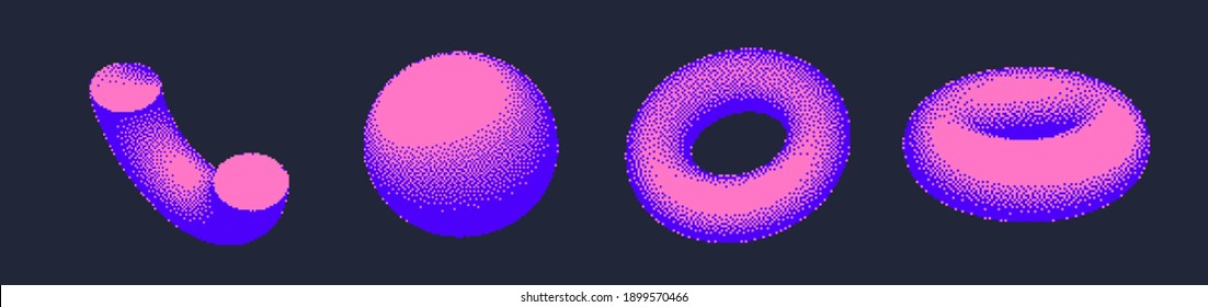 Set of 3D shapes: sphere, hemisphere, torus. Vaporwave and retrowave pixel art style illustration in punchy pastel colors.