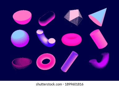 Set of 3D shapes: sphere, hemisphere, torus, cone, cylinder and icosahedron. Vaporwave and retrowave pixel art style illustration in punchy pastel colors.