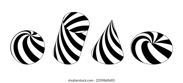 Set of 3d shapes with stripes. Black and white cone, cylinder, sphere and torus design elements for templates, posters, flyers, banners. Vector geometric pattern forms collection