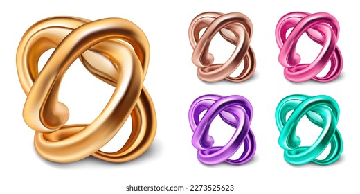 Set of 3d shapes as a twisted colored knots with a shadow on a white background