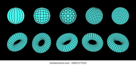 Set of 3d shapes and wireframe models, spheres and torus, Y2K techno futuristic and techno decorations. Vector illustration.