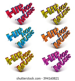 Set of 3d shattered vector hip hop music words created with refractions. Dimensional inscription with specks isolated on white background.
