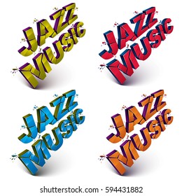 Set of 3d shattered vector jazz music words created with refractions. Dimensional inscription with specks isolated on white background.