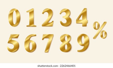 Set 3D shiny golden numbers and sign of percent design collection, Concept top view product price discount or shopping feelings of luxury gold color is valuable.