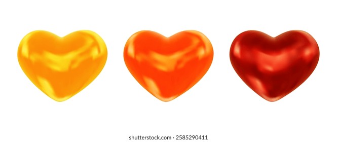 Set of 3d shiny yellow, orange, red hearts. Love symbols. Valentine's Day. Vector illustration for wedding invitation, romantic greeting card, valentine, banner, poster