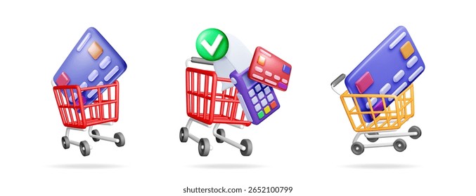 Conjunto de carrinho de compras 3d, cartão de crédito. Opção de pagamento online para comércio eletrônico. Conceito comercial e de compra para banner da Web.