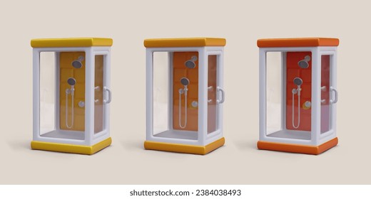 Set of 3D shower cabins, side view. Hydromassage box with transparent walls, door with handle. Icons for plumbing equipment website, online store, application. Color vector illustration