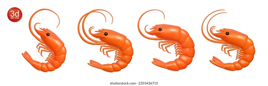 Set aus 3D-Shrimps oder Vektor-Symbolen für Garnelen. Illustrationen von Meerestieren einzeln. Realistische Zutaten gekochter Meeresfrüchte-Krebstiere.