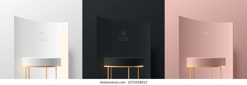 Conjunto de podio de cilindros 3D plateados, negros y rosados de oro con fondo de piernas doradas. Lujo minimalista escena de la escena de la pared maqueta de la escena de la escena del producto, pantalla de promoción de la pancarta. Resumen de formas geométricas vectoriales.