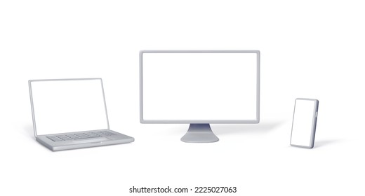 Set of 3D silver computer devices for banner design. Mock up of laptop, PC monitor, smartphone with empty white screen