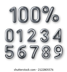 Set Of 3d Silver Embossed Numbers With Percent Sign On White Background.