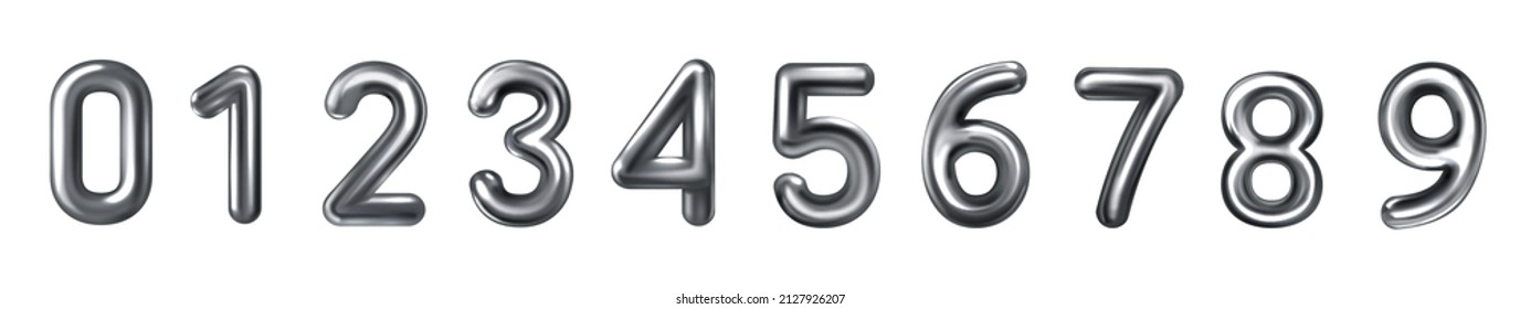 Set of 3d silver  embossed numbers on white background. Design element for sale banner or discount or bank card. Silver foil balloons number set