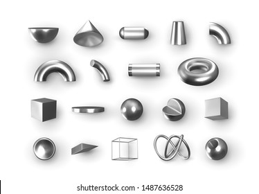Set of 3d Silver Geometric Shapes Objects. Realistic geometry elements isolated on white background, on metallic color gradient. Render Decorative white figure for design. vector illustration