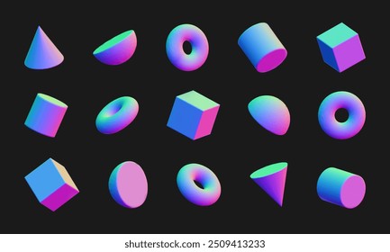 Conjunto de formas geométricas simples 3D, elementos holográficos para design de estilo Y2K. O vetor 3D renderizou formas na estética retrô do futurismo.