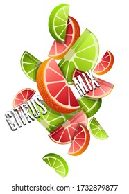 
A set of 3D slice of citrus. Abstract composition of ripe limes and grapefruits.
Design for decoration. Stock vector.