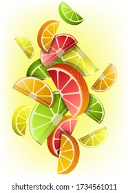 A set of 3D slice of citrus. Abstract composition of ripe limes,
grapefruits, oranges, and lemons. Design for decoration. Stock vector.
