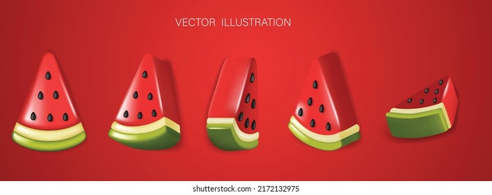 Set of 3d slices of watermelon on red background. Summer watermelon background.