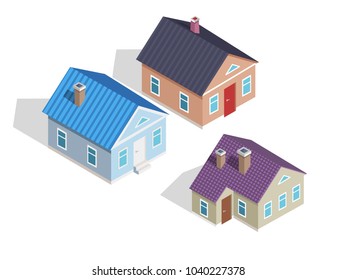 Set of 3D small isometric houses with chimneys on roof, entrance doors and windows vector illustration isolated on white, cottage models