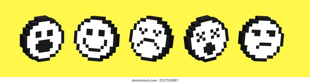 Set of 3d smile icons. Pack of pixelated emoji icons. Emoticons pixel art. 8-bit retro vector illustration.