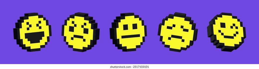 Set of 3d smile icons. Pack of pixelated emoji icons. Emoticons pixel art. 8-bit retro vector illustration.