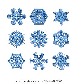 set 3d Snowflake icons blue vector snow christmas winter Collection of white Effect art