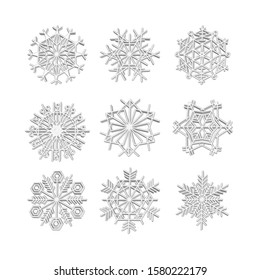 set 3d Snowflake icons line grey vector snow christmas winter art