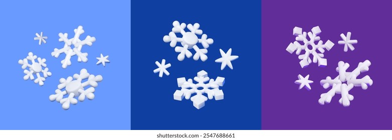 Conjunto de copos de nieve 3D en blanco sobre fondo azul, azul claro y púrpura, mostrando varias Formas y temáticas invernales. Días festivos y concepto de Navidad.