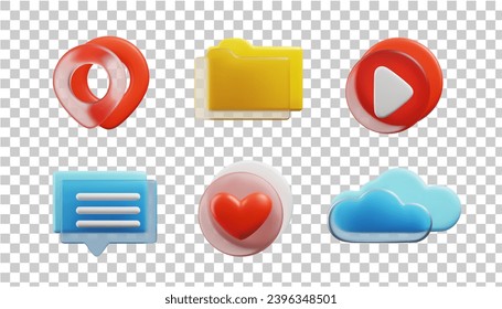 Set of 3D social icons made of matte glass and plastic copy. Location, cloud, play, like, folder and message glassmorphism style signs.