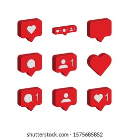 Set Of 3d Social Media Notification Bubbles Vector Icons Isolated On A White Background.Instagram Notification Icons,like,follow,comment,user Icons.