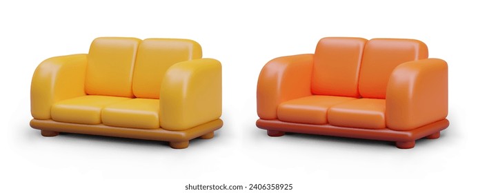 Conjunto de sofás 3D al estilo de las caricaturas. Modelo amarillo y naranja. Ilustraciones aisladas. Mobiliario elegante para el hogar. Concepto de descanso, relajación. sofá de cuero