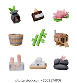 Set of 3D spa objects in cartoon style. Isolated elements for design of services of center, salon