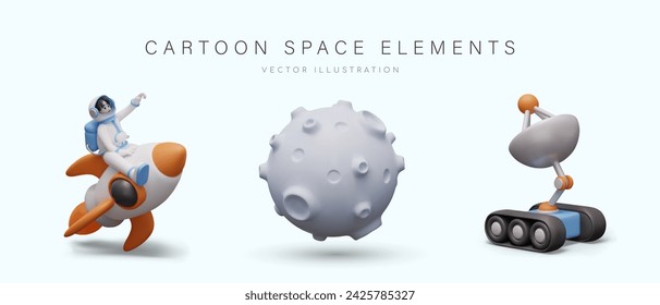 Set of 3D space elements. Astronaut flies on rocket. Planet with lunar craters, rover with antenna